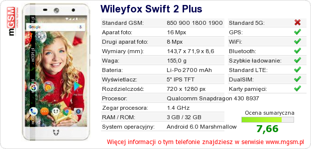 Dane telefonu Wileyfox Swift 2 Plus
