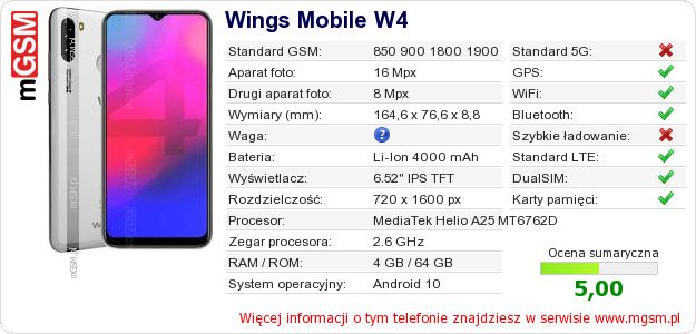Dane telefonu Wings Mobile W4