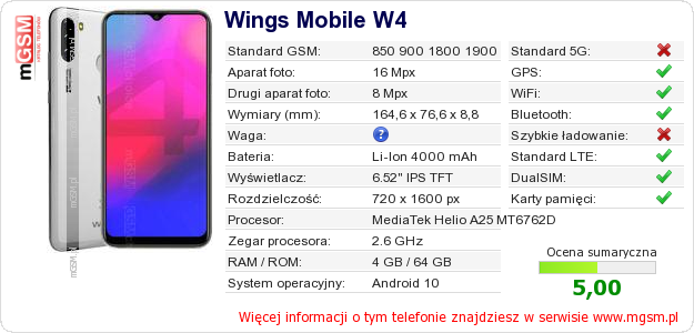 Dane telefonu Wings Mobile W4