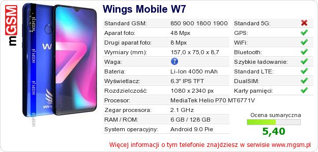 Dane telefonu Wings Mobile W7