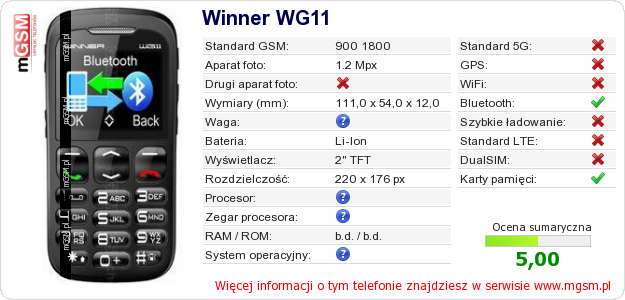 Dane telefonu Winner WG11