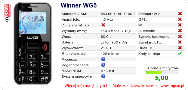 Dane telefonu Winner WG5