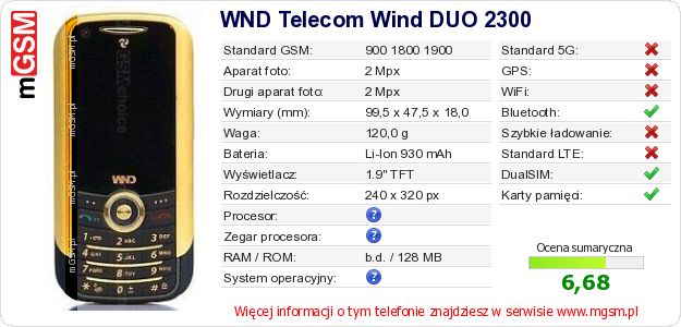 Dane telefonu WND Telecom Wind DUO 2300