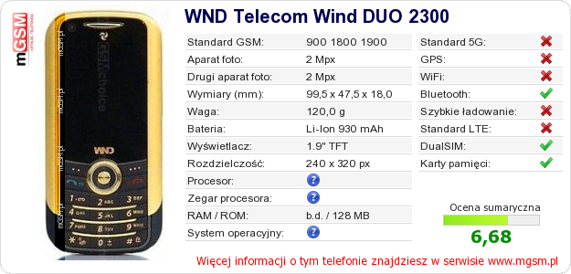 Dane telefonu WND Telecom Wind DUO 2300