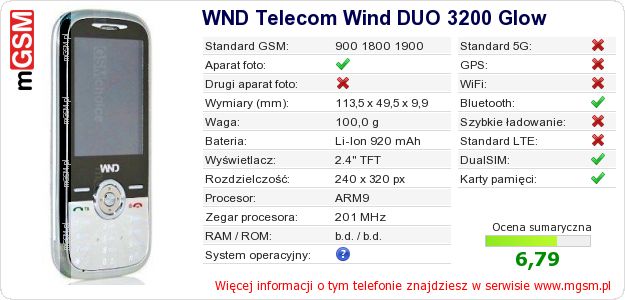 Dane telefonu WND Telecom Wind DUO 3200 Glow