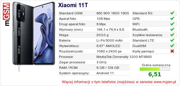 Dane telefonu Xiaomi 11T Dane telefonu Xiaomi 11T