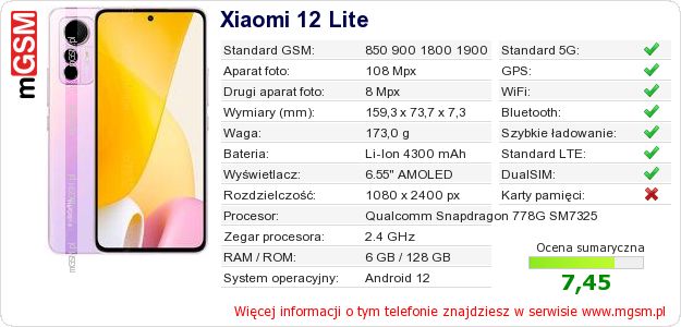 Dane telefonu Xiaomi 12 Lite Dane telefonu Xiaomi 12 Lite