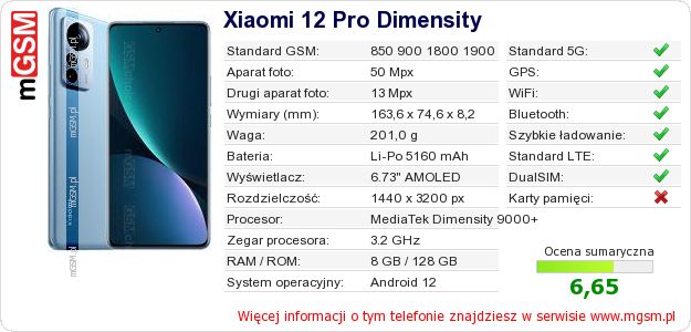 Dane telefonu Xiaomi 12 Pro Dimensity Dane telefonu Xiaomi 12 Pro Dimensity