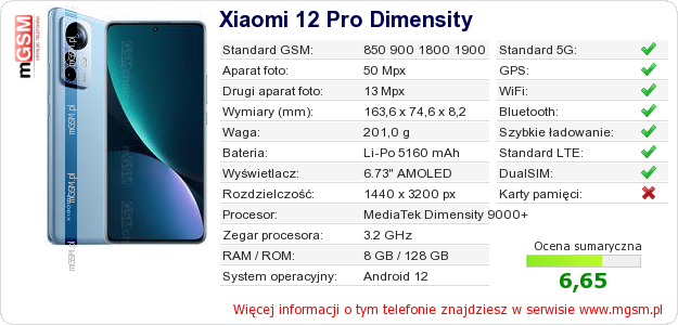 Dane telefonu Xiaomi 12 Pro Dimensity