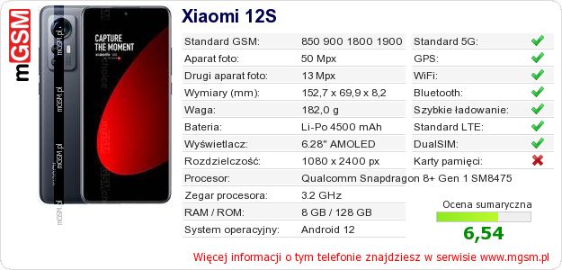 Dane telefonu Xiaomi 12S Dane telefonu Xiaomi 12S