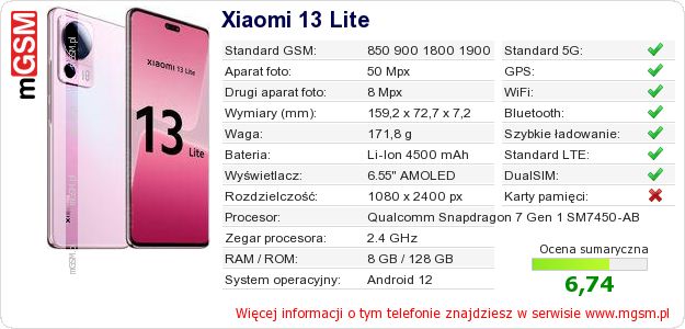 Dane telefonu Xiaomi 13 Lite