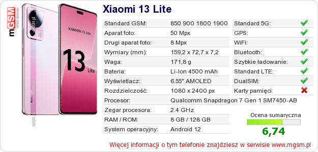 Dane telefonu Xiaomi 13 Lite