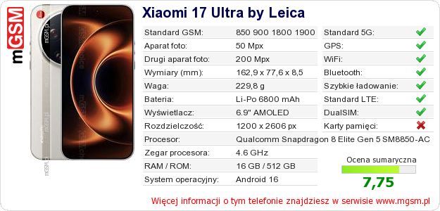 Dane telefonu Xiaomi 17 Ultra by Leica