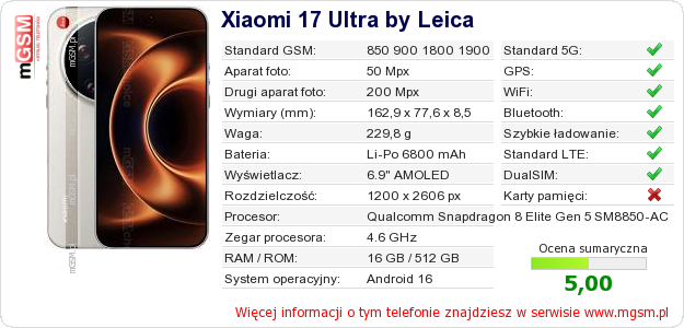 Dane telefonu Xiaomi 17 Ultra by Leica