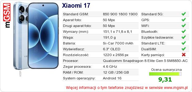 Dane telefonu Xiaomi 17 Dane telefonu Xiaomi 17