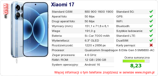 Dane telefonu Xiaomi 17