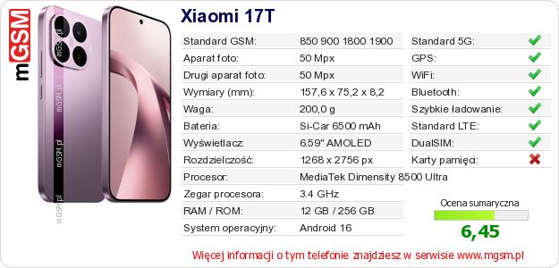 Dane telefonu Xiaomi 17T Dane telefonu Xiaomi 17T