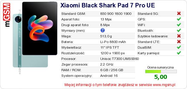 Dane telefonu Xiaomi Black Shark Pad 7 Pro UE Dane telefonu Xiaomi Black Shark Pad 7 Pro UE