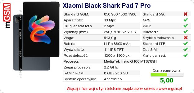 Dane telefonu Xiaomi Black Shark Pad 7 Pro Dane telefonu Xiaomi Black Shark Pad 7 Pro