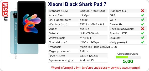 Dane telefonu Xiaomi Black Shark Pad 7 Dane telefonu Xiaomi Black Shark Pad 7