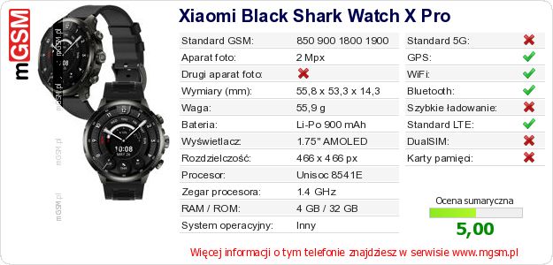 Dane telefonu Xiaomi Black Shark Watch X Pro Dane telefonu Xiaomi Black Shark Watch X Pro
