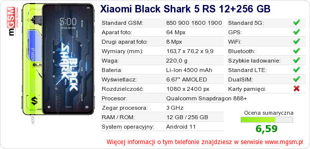 Dane telefonu Xiaomi Black Shark 5 RS 12+256 GB Dane telefonu Xiaomi Black Shark 5 RS 12+256 GB