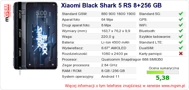 Dane telefonu Xiaomi Black Shark 5 RS 8+256 GB