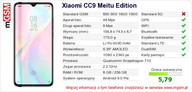 Dane telefonu Xiaomi CC9 Meitu Edition