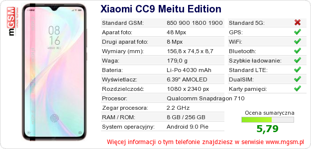 Dane telefonu Xiaomi CC9 Meitu Edition Dane telefonu Xiaomi CC9 Meitu Edition
