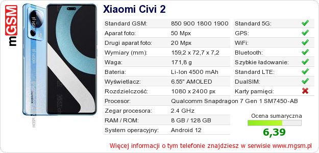 Dane telefonu Xiaomi Civi 2 Dane telefonu Xiaomi Civi 2