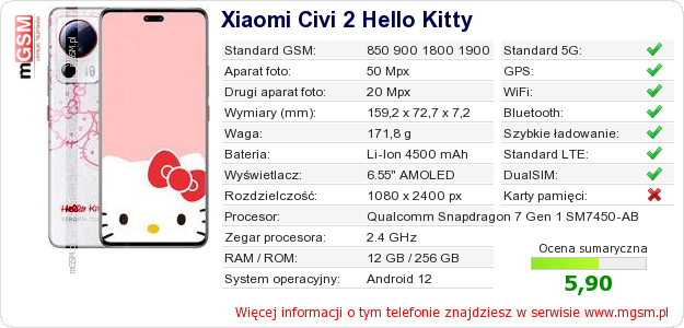 Dane telefonu Xiaomi Civi 2 Hello Kitty