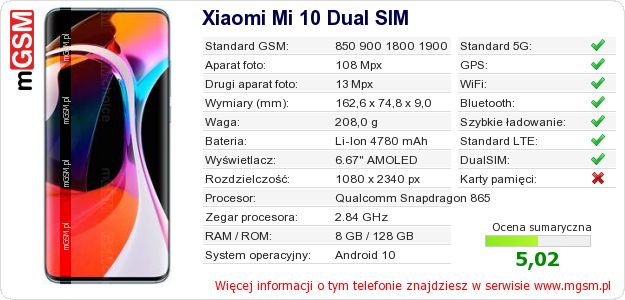 Dane telefonu Xiaomi Mi 10 Dual SIM