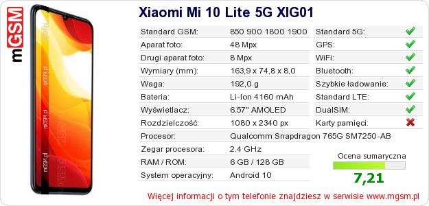 Dane telefonu Xiaomi Mi 10 Lite 5G XIG01