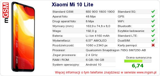 Dane telefonu Xiaomi Mi 10 Lite Dane telefonu Xiaomi Mi 10 Lite