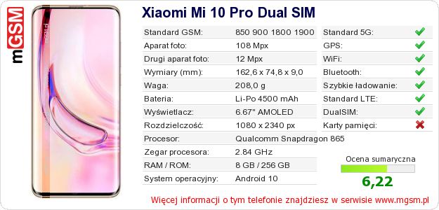 Dane telefonu Xiaomi Mi 10 Pro Dual SIM Dane telefonu Xiaomi Mi 10 Pro Dual SIM