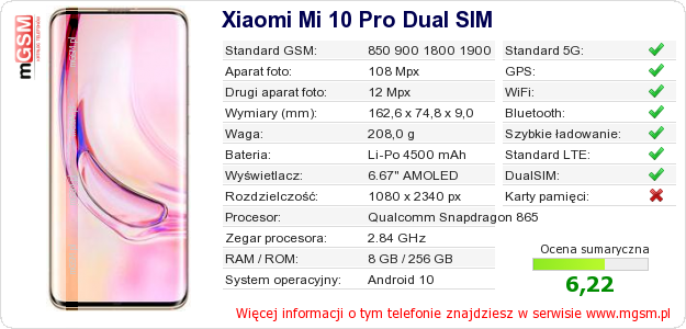 Dane telefonu Xiaomi Mi 10 Pro Dual SIM