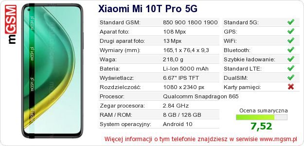 Dane telefonu Xiaomi Mi 10T Pro 5G