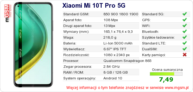 Dane telefonu Xiaomi Mi 10T Pro 5G