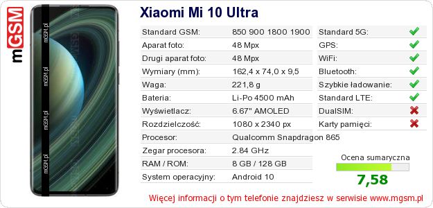 Dane telefonu Xiaomi Mi 10 Ultra