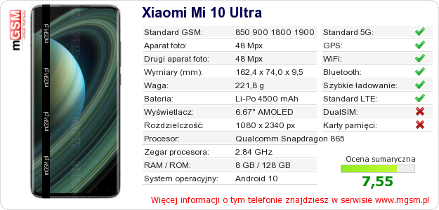 Dane telefonu Xiaomi Mi 10 Ultra