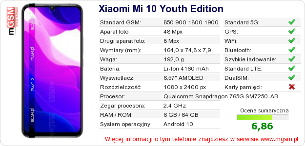 Dane telefonu Xiaomi Mi 10 Youth Edition Dane telefonu Xiaomi Mi 10 Youth Edition