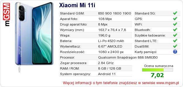 Dane telefonu Xiaomi Mi 11i Dane telefonu Xiaomi Mi 11i