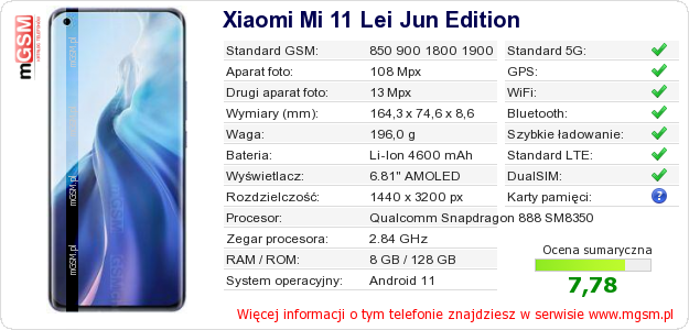 Dane telefonu Xiaomi Mi 11 Lei Jun Edition