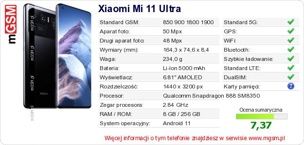 Dane telefonu Xiaomi Mi 11 Ultra