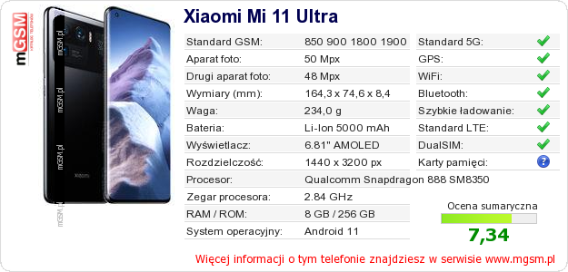 Dane telefonu Xiaomi Mi 11 Ultra