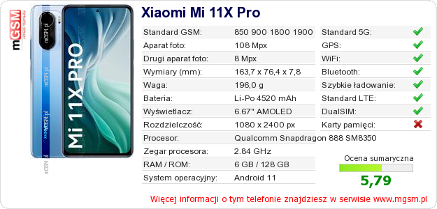 Dane telefonu Xiaomi Mi 11X Pro Dane telefonu Xiaomi Mi 11X Pro