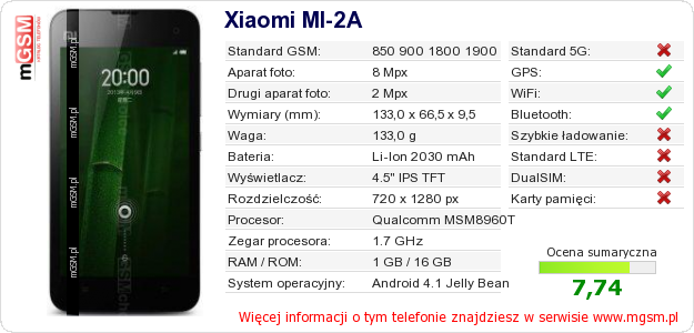 Dane telefonu Xiaomi MI-2A