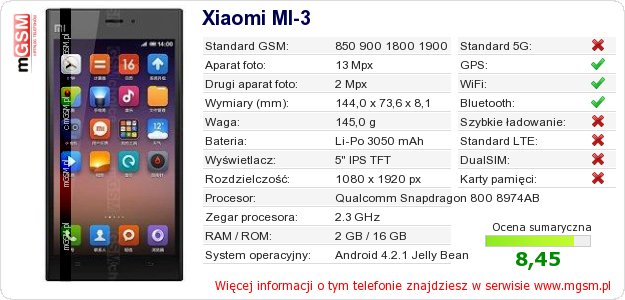 Dane telefonu Xiaomi MI-3 Dane telefonu Xiaomi MI-3