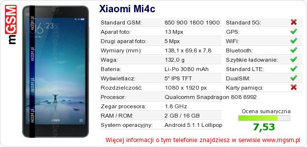Dane telefonu Xiaomi Mi4c Dane telefonu Xiaomi Mi4c