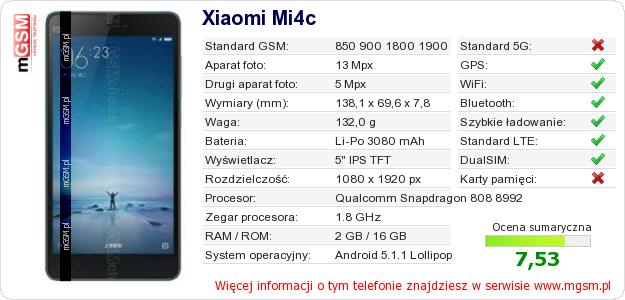 Dane telefonu Xiaomi Mi4c